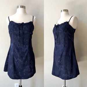 Cider Navy Satin Jacquard Floral Mini Slip Dress Coquette Lace Corset Medium Y2K